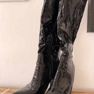 SHEIN Black Over the Knee Croc-Embossed Boots